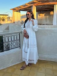 Women Elegant Stand Collar Lantern Maxi Dress Causal Loose Lace Spliced Hollow Out Dresses 2024 Spring Female Street Robe 240323