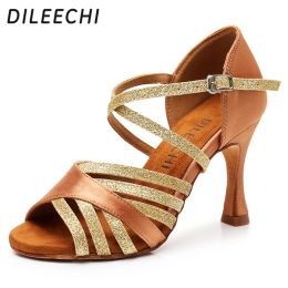 Boots Dileechi Latin Dance Shoes Women Silk Satin New Bronze Salsa Party Ballroom Dance Shoes Heel 9cm Seamless Back Ladies Sneaker