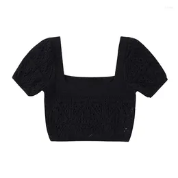 Women's T Shirts Summer Women Vintage Puff Sleeve Square Neck Crochet Knit Crop Top Black Shirt