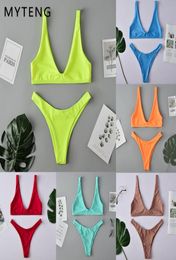 9 Colours Sexy Solid Bikini set 2020 Swimwear Women High Leg Swimsuit female Swimming suit neon green thong biquini monokini T200709701784