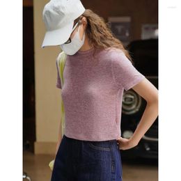 Women's T Shirts Summer Crop Tops T-shirts Knitted Tees Women Short-sleeved Tshirts Slim Fit Female Korean Fashion Cool Round Neck Floral