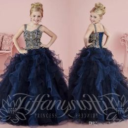 Dresses Navy Blue Tiered Skirts Beaded Girls Pageant Dresses Square Neckline Crystal Ball Gown Flower Girl Dress For Weddings