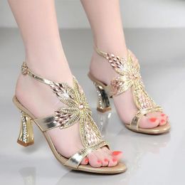 Genuine Leather Glitter Women Open Toe Sandals High Heels Party Shoes Gladiator Wedding Summer Rhinestone 240326