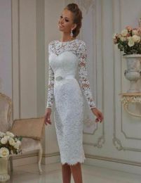 Vintage Tea Length Lace Long Sleeves Short Wedding Dresses vestido de noiva Sheath High Jewel Neck Bridal Gowns Informal Casual9118237