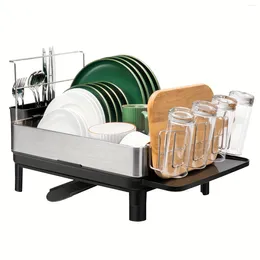 Kitchen Storage 1pc Dish Drying Rack Large Capacity Single Layer With Movable Cutlery Holder Black Stainless Steel Racks D