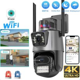 Cameras 6MP 4K IP Camera Dual Lens Dual Screen PTZ Wifi Camera Outdoor Waterproof Security Video Surveillance Camera Police Light Alarm