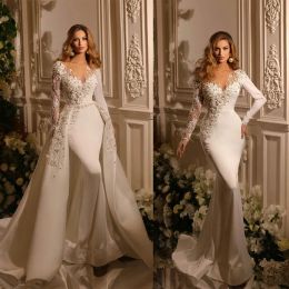 Luxury Mermaid Wedding Dresses Appliques Beads Lace V Neck Long Sleeves Bridal Gowns Custom Made Lace-Up Back Detachable Train Vestidos De Novia