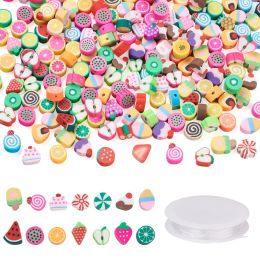 kits 400pcs 2 Style Diy Stretch Bracelet Making Kits with Handmade Polymer Clay Beads Fruit Theme 1 Roll Elastic Crystal Thread