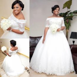 Dresses Nigeria Lace Off Shoulder Wedding Dresses Sheer Half Sleeves Beaded Lace Up Plus Size Bridal Gowns A Line African Wedding Vestidos