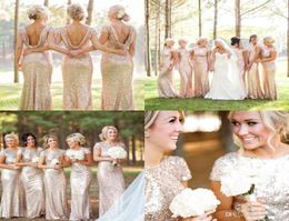 Whole Garden Golden Sequin Long Bridesmaid Dresses with Short Sleeves Jewel Neck Cheap Bridesmaid Gowns Wedding Guest Dr5438291