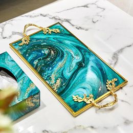 Decorative Figurines Nordic Creative Tempered Glass Tray Square Marble Agate Texture Household Storage Coffee Trays Jewelry Display