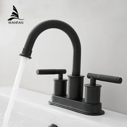 Basin Faucets Matte Black Deck Mounted Bathroom Sink 3 Holes Double Handle And Cold Water Mixer Tap 855111 240325