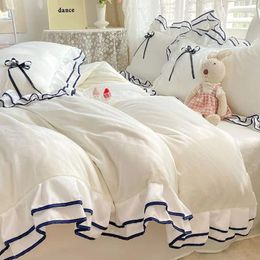 Bedding Sets Ins Simple Small Fresh Solid Colour Washed Cotton Sheets 4-piece Set Bow Double Lace Quilt Cover Princess