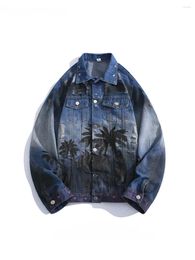 Men's Jackets Men Women Coconut Tree Printed Denim Trendy Brand Niche Dark Gradient Handsome Hip Hop Casual Loose Single-breasteds