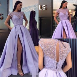 Dresses Lavender Jewel Evening Dresses Short Capped Sleeves ALine Prom Gowns With Applique Beaded Side Split Open Back Custom Made Formal