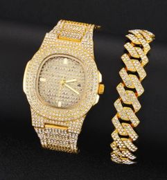 Wristwatches Watches For Men Women Luxury Hip Hop Iced Out Gold Watch With Bracelet Cuban Chain Quartz Square Relogio Masculino Gr3577698