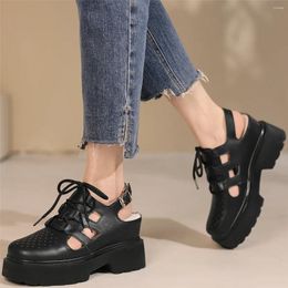 Dress Shoes Casual Women Lace Up Genuine Leather High Heel Pumps Female Back Strap Round Toe Height Increased Gladiator Sandals