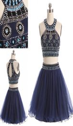 Navy 2 Pieces Short Cocktail Prom dresses halter Keyhole Back Bling Crystal Beaded Ruched Tulle A line Rhinestones Homecoming Part4069208