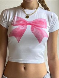 Women's T Shirts 2024 Summer Short White Crop Top Cute Tight Round Neck Sleeve Bow Print T-Shirt