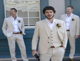 Latest Coat Pant Ivory Beige Tux Beach Linen Men Suits Wedding Suit Man Summer Blazer Marriage Groom Tuxedos 3 PieceJacketP4697497