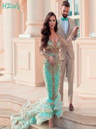 2021 Deep V Neck Mermaid Prom Dresses Turquoise And Gold Beaded Evening Gowns Plus Size High Low Sweep Train Formal Party Dress3882473