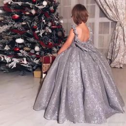 Dresses Sparkling Silver Sequined Little Girls' Pageant Dresses with Bow Backless Long Floor Flower Girls' Dresses for Weddings