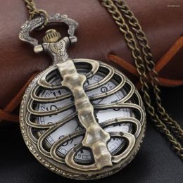 Pocket Watches Interesting Hollow Ribbed Shape Quartz Watch Vintage Bronze Bracelet Necklace For Halloween Gifts Men And Children