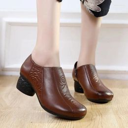 Casual Shoes Fashion Women Vulcanized Genuine Leather Slip On 3CM Square High Heels Round Toe Office & Career Woman