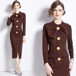 Casual Dresses Runway Autumn Long Sleeve Golden Buttons Deco Bodycon Dress For Women Stand Collar Bowknot Tie Split Party Midi Vestidos