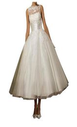 Elegant Sleeveless Wedding Dresses Country Style High Neck Lace Appliques V Back A Line Tea Length Bridal Gowns Custom Made Cheap2957268