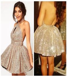 Bling Bling Halter Sequin Short Junior Bridesmaids Dresses Sexy Backless Custom Vestidos De Prom Party Gowns Sequins Honor Of Maid4063144