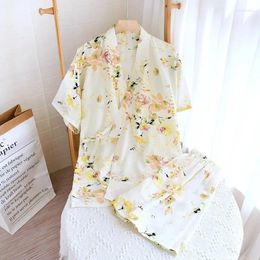 Home Clothing Small Flower Printing Women Kimono Robes With Shorts Cotton Short Sleeve Cardigan Homewear Suit For Summer Thin Pajamas