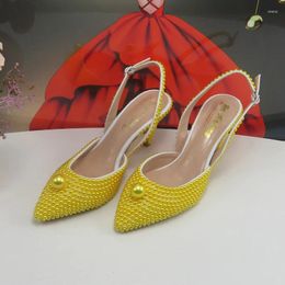 Dress Shoes BaoYaFang 2024 Arrival Yellow Pearl Women Wedding Pointed Toe High Pumps Platform Bridal Fashion Party