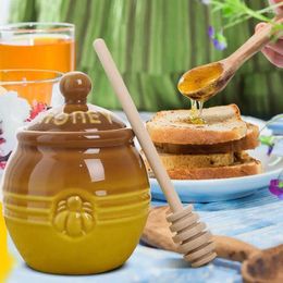 Dinnerware Honey Storage Pot Ceramic Jar With Retro Bee Decor Wooden Stirring Stick And Sealing Cover Small Container For Home