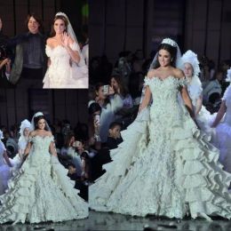 Dresses Amazing Lace Tiered Wedding Dresses Runway Fashion Off The Shoulder Long Train Bridal Gowns Custom Made Lace Up Back Wedding Dress