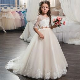 Dresses 2020 Beautiful Champagne Lace Flower Girl Dress with Sleeves Lace Train Kids Corset Ball Gown Prom Dress for Girls Size 8 12