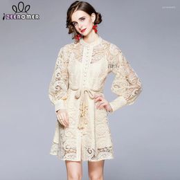 Casual Dresses 2024 Spring Elegant Hollow Out Lace Dress High Quality Women Stand Collar Lantern Sleeve Party Robe Luxury Embroidery Mini