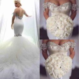 Dresses Gorgeous Plus Size Mermaid Wedding Dresses Crystal Beads Train Off Shoulder Arabic African Country Bridal Gown Church Bride Dress
