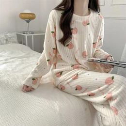 Home Clothing Lovely Print Coral Velvet Round Neck Pajama Set Spring Autumn Sweet Warm Comfortable Sleepwear Sets Cute Korean Two-piece