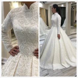 Dresses arabic muslim lace beaded wedding dresses high neck long sleeves bridal dresses vintage sexy wedding gowns zj521