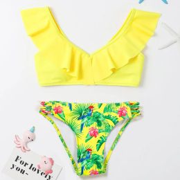 Suits Tropical Floral Girl Swimsuit Kids Ruffle Bikini Set 714 Years Two Piece Children's Swimwear Padded Bathing Suit 2022 Beachwear