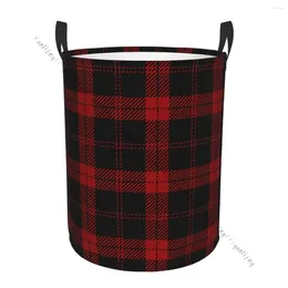 Laundry Bags Basket Round Dirty Clothes Storage Foldable Black And Red Tartan Plaid Scottish Pattern Waterproof Hamper Organiser