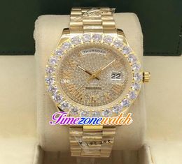 44mm Day Date A2813 Automatic Mens Watch Big Diamond Bezel Gypsophila Dial Rome Markers 18K Yellow Gold Steel Bracelet Watches Tim4732980