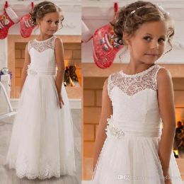 Dresses 2020 Lace Flower Girls' Dresses Lovely Jewel Neck Vintage Appliqued Tulle Girls Pageant Gowns with Sash Princess Kids Wedding Part