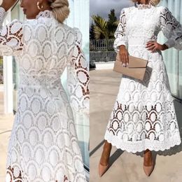 Women Crochet Hollow Solid Party Dress Sexy Half High Lace High Waist Slim Long Dress Fashion Summer Lace Patchwork Maxi Dress 240319