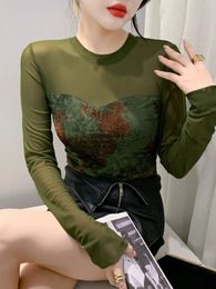 S-2XL Vintage Printing Floral Mesh T-shirt Women Patchwork O Neck Full Sleeve Cropped TShirts Early Autumn Tops 240402