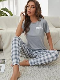 Home Clothing Letter Print Pajama Set Short Sleeve Crew Neck Top & Elastic Waistband Pants Women's Sleepwear Loungewear