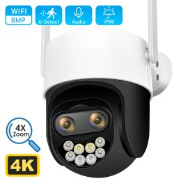 Cameras 4K 8MP 2.8+12mm Dual Lens PTZ WiFi Camera 8X Digital Zoom Colour Night Vision Human Detection IP Camera CCTV Video Surveillance