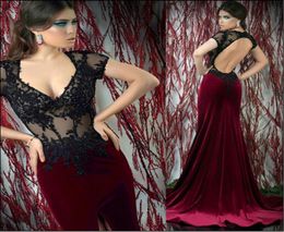 Elegant Evening Gowns 2018 Sexy Mermaid Open Back Beaded Lace Appliqued Sheer Bodice Short Sleeves Black Top Burgundy Velvet Forma1042913