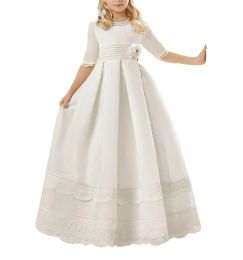 Dresses Cute White Half Sleeve Lace Girls Pageant Dress Rose ALine2019 Cheap Girl Communion Dress Kids Formal Wear Flower Girls Dresses f